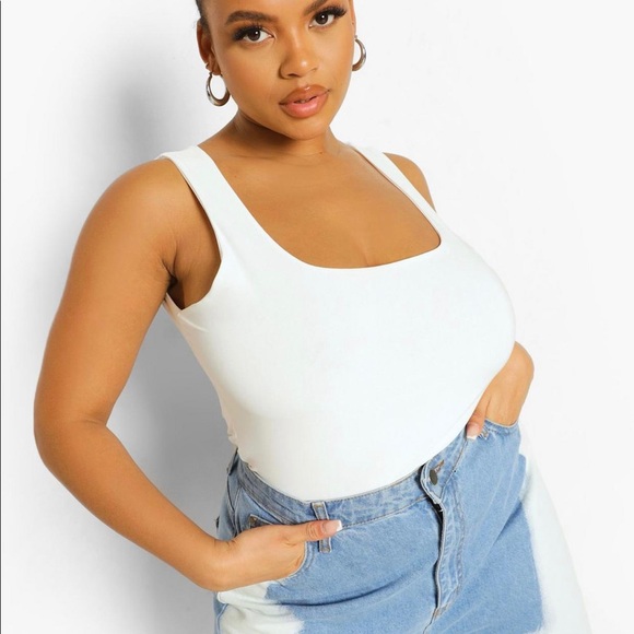 Boohoo Plus Tops - Plus Double Slinky Strappy Bodysuit - White